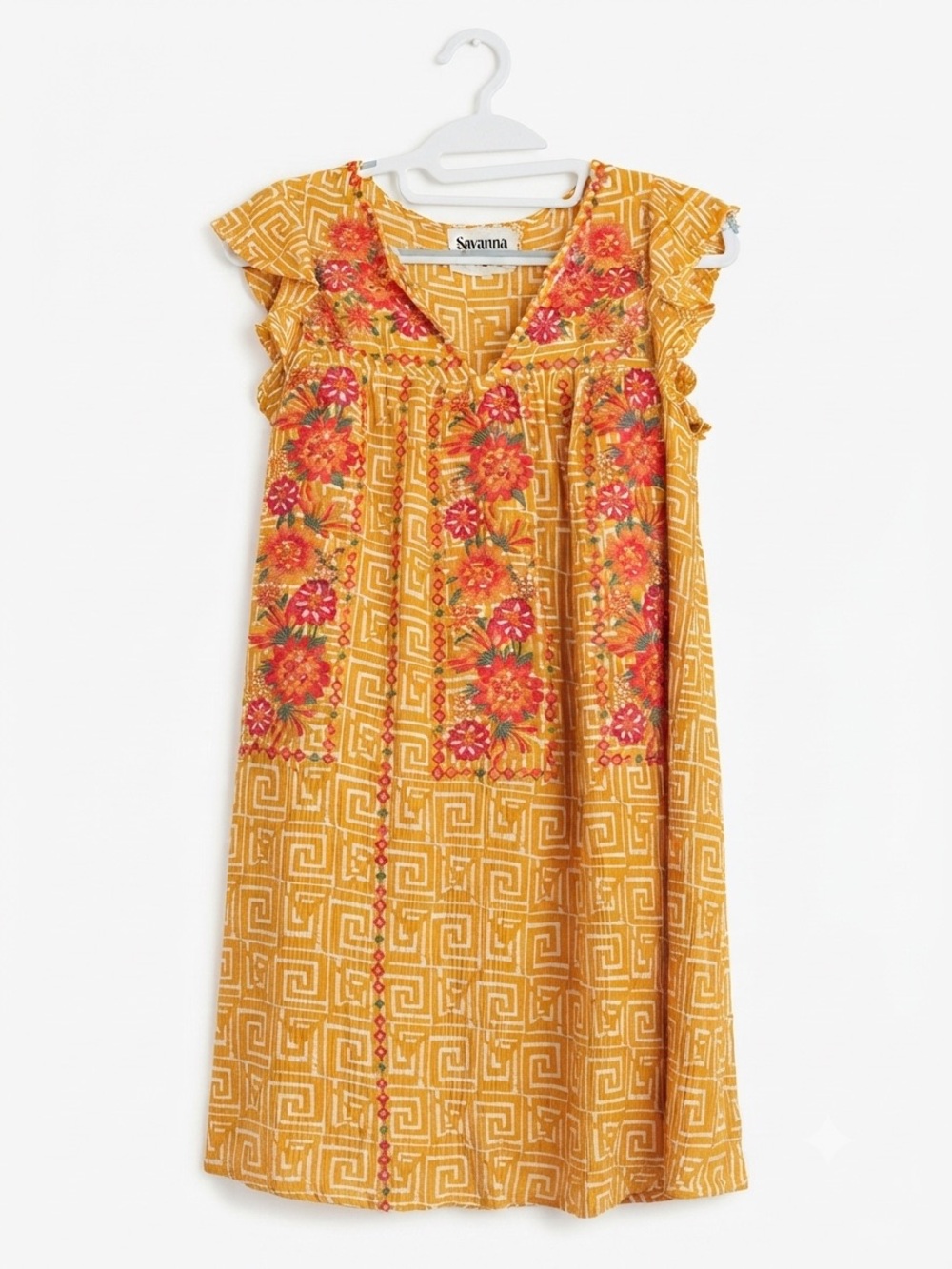 Savanna Jane Embroidered Boho Babydoll Dress Mustard Floral Ruffle Sleeve Medium